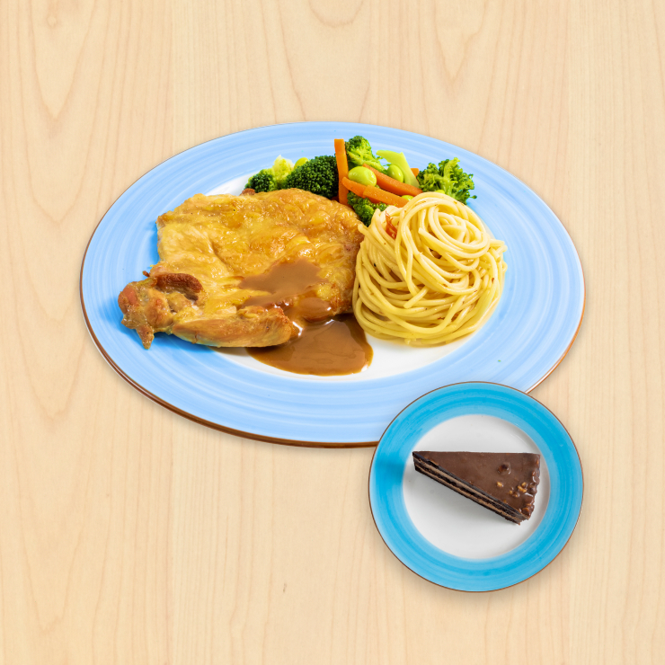 IKEA Family - Restaurant Offers Baked Chicken chop with aglio olio and ​<br> mixed veg with Chocolate Hazelnut cake