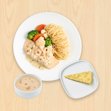 IKEA Family - Restaurant Offers Salmon shrimp spaghetti with creamy dill sauce, mushroom soup and almond cake